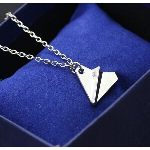 Silver Tone Paper Plane Airplane Pendant Necklace - Picture 1 of 12